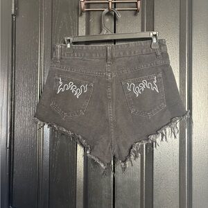 Black Frayed Denim Shorts with Flames
